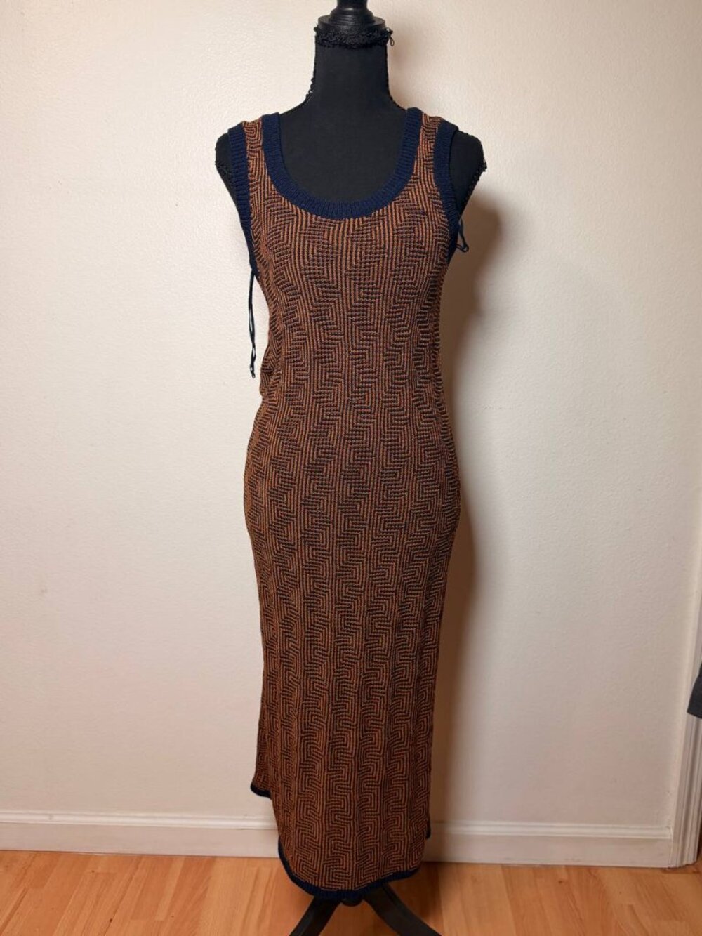 & Other Stories Rust Navy Geometric Knit Midi Dress Boho Chic Style